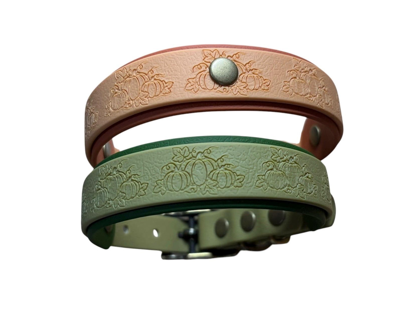 Embossed Pumpkin Dog Collar, Waterproof Fall Autumn Webbing, Antique Brass Hardware