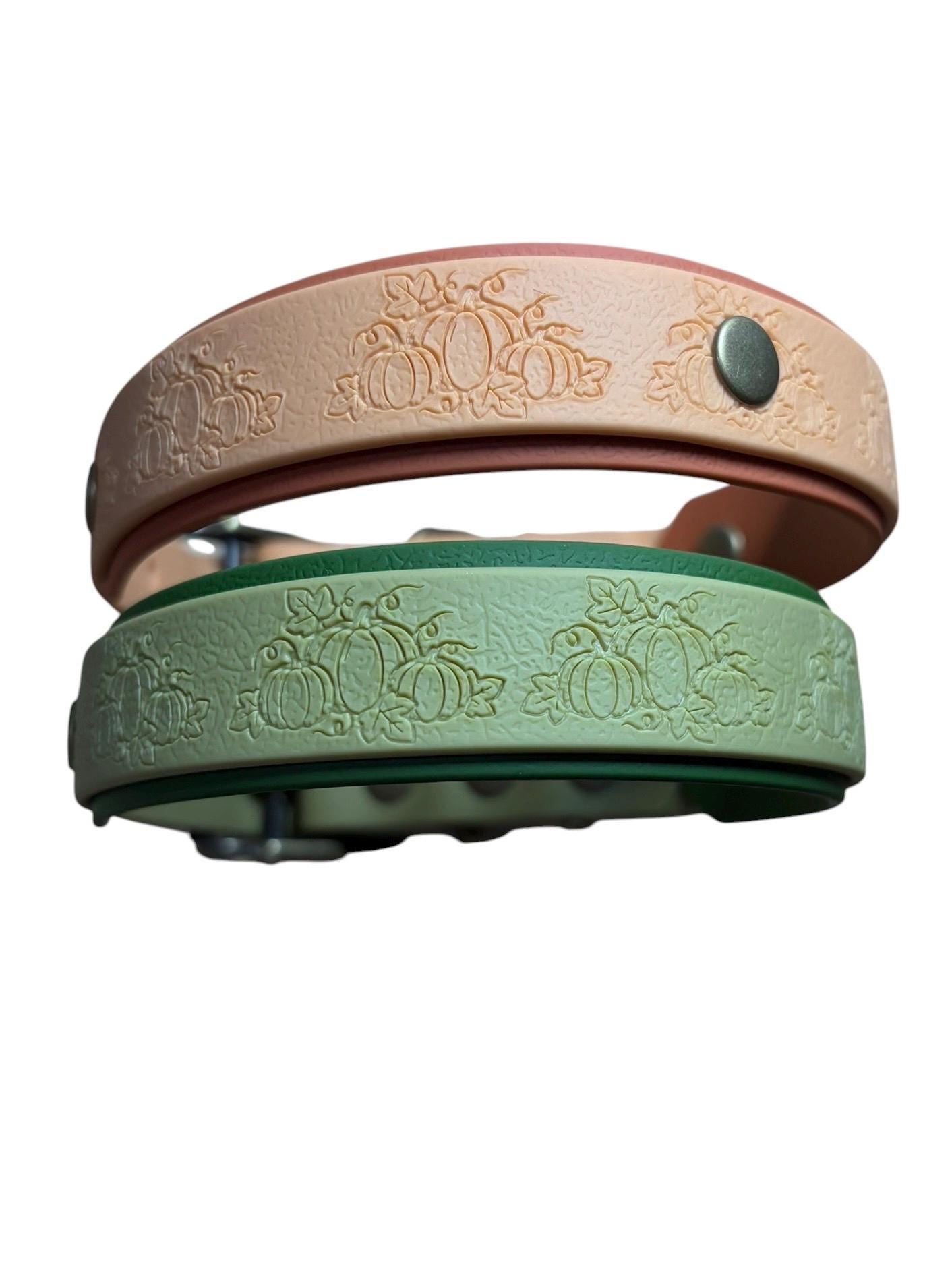Embossed Pumpkin Dog Collar, Waterproof Fall Autumn Webbing, Antique Brass Hardware