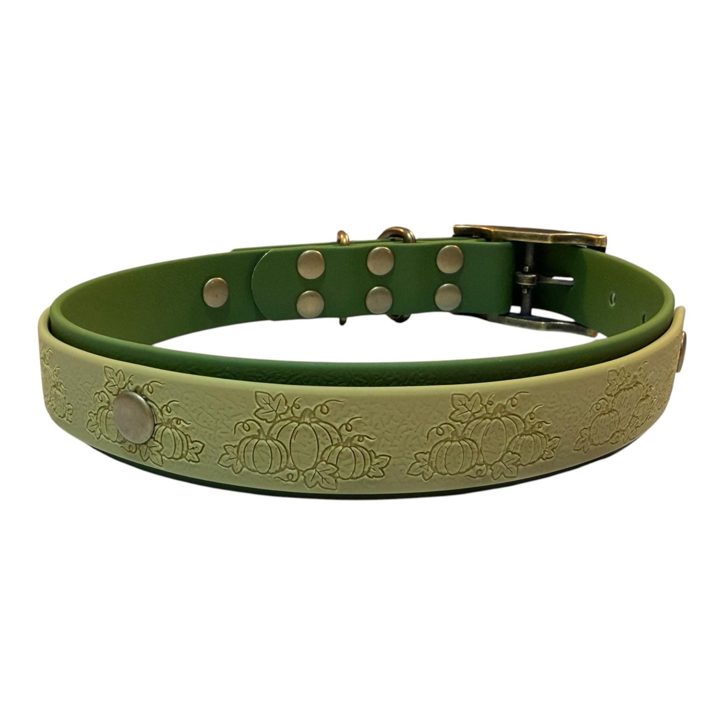Embossed Pumpkin Dog Collar, Waterproof Fall Autumn Webbing, Antique Brass Hardware