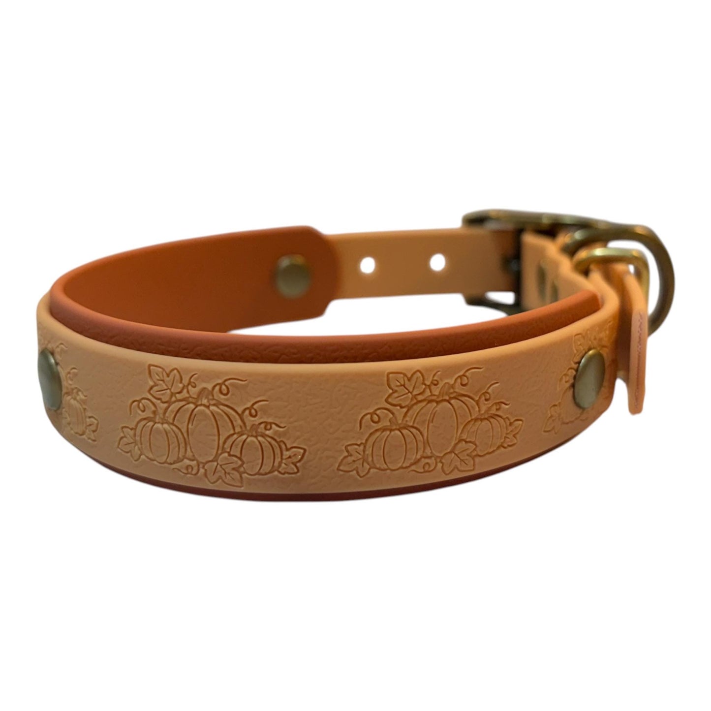 Embossed Pumpkin Dog Collar, Waterproof Fall Autumn Webbing, Antique Brass Hardware