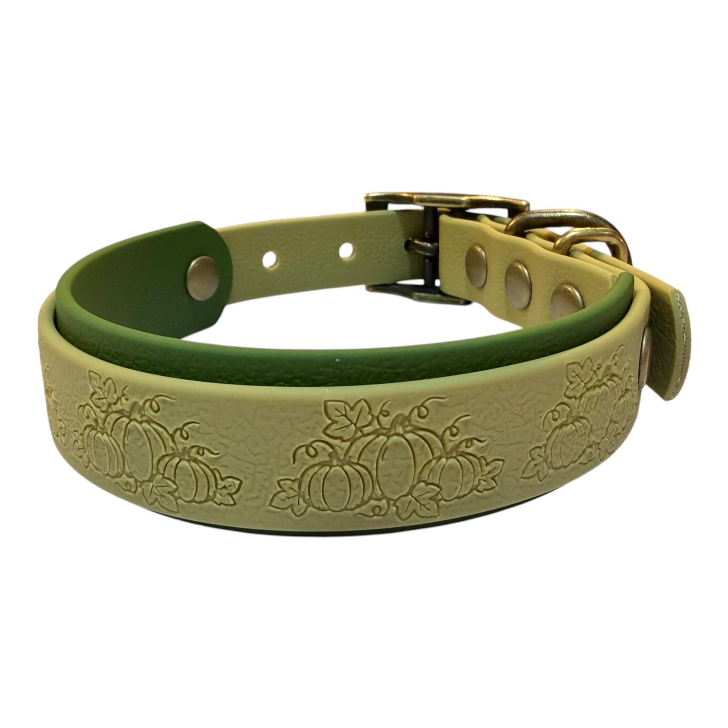 Embossed Pumpkin Dog Collar, Waterproof Fall Autumn Webbing, Antique Brass Hardware