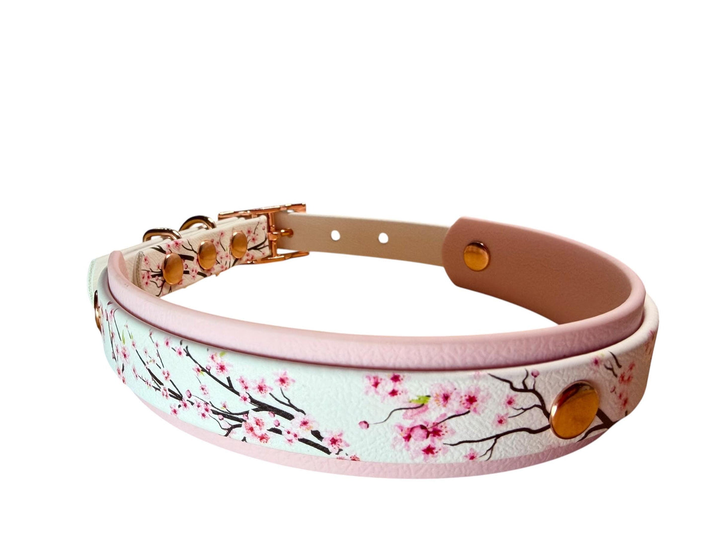 Biothane Waterproof Dog Collar Pink Sakura Cherry Blossom with Rose Gold Hardware