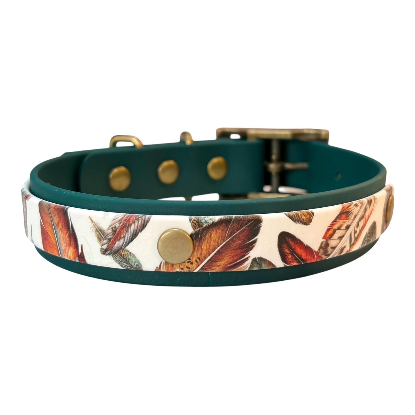 Feathers UV Printed Biothane Dog Collar: Waterproof with Antique Brass Hardware