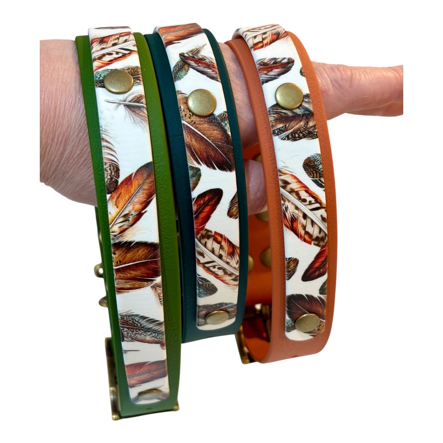 Feathers UV Printed Biothane Dog Collar: Waterproof with Antique Brass Hardware