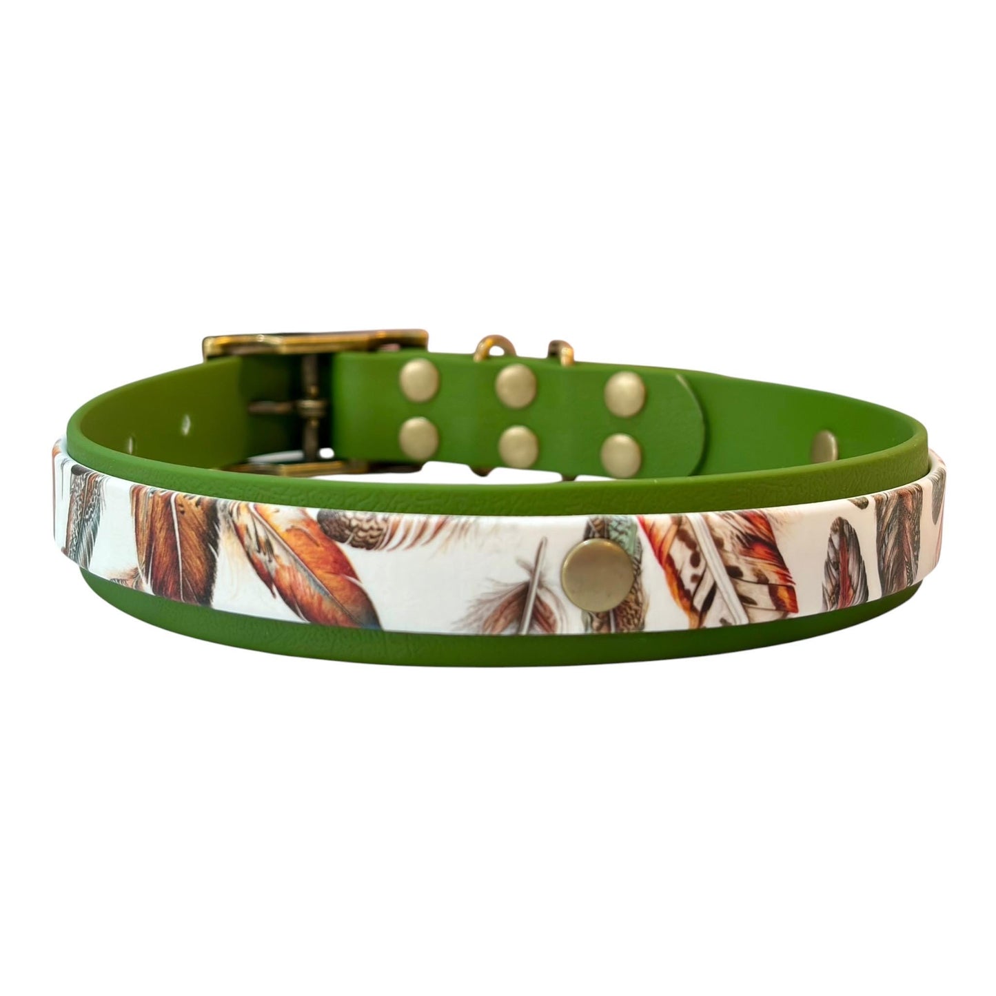 Feathers UV Printed Biothane Dog Collar: Waterproof with Antique Brass Hardware