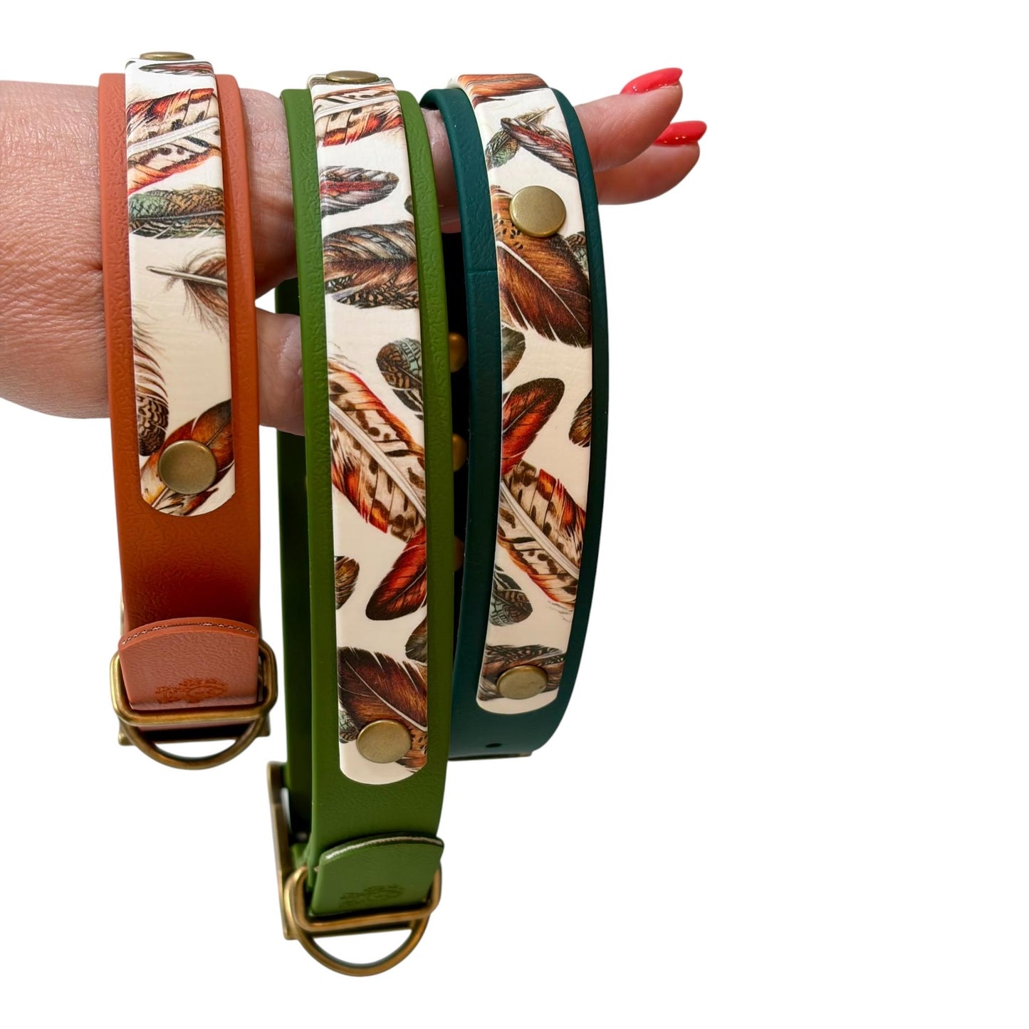 Feathers UV Printed Biothane Dog Collar: Waterproof with Antique Brass Hardware