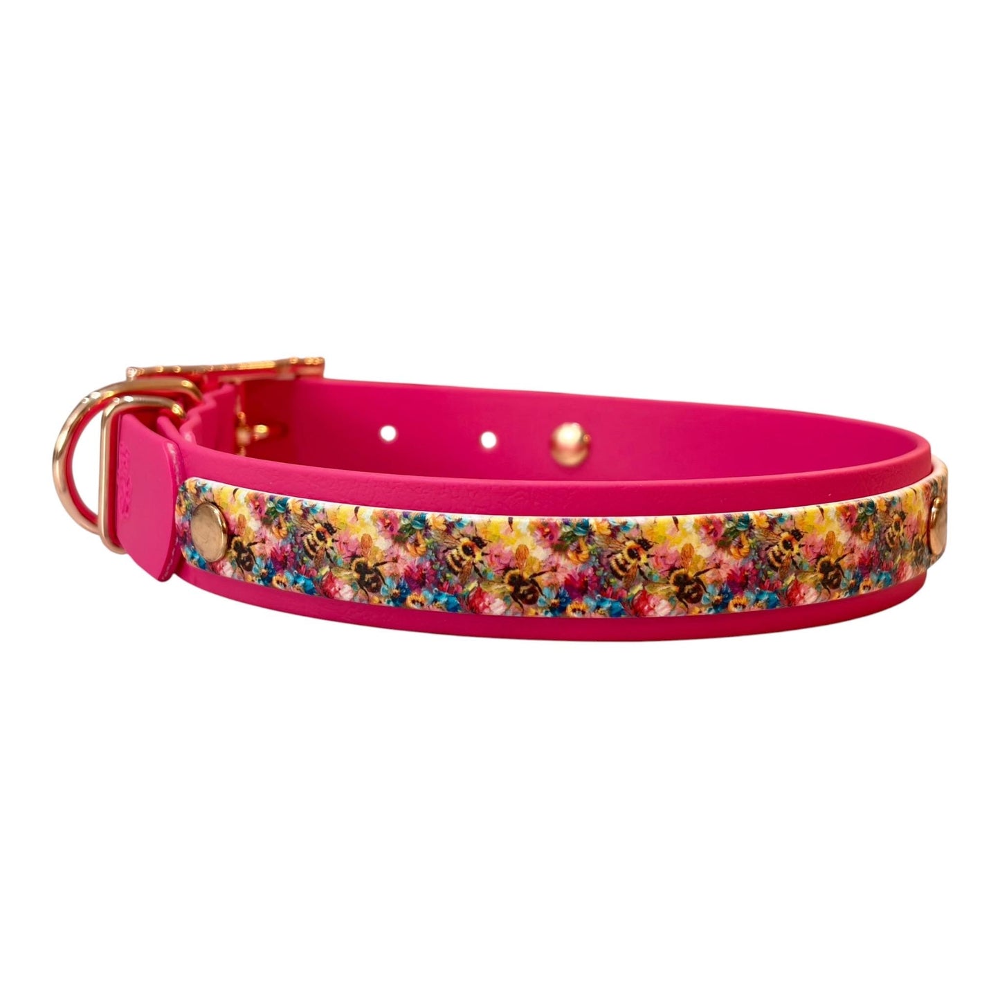 Watercolour Bees Hot Pink Printed Biothane Waterproof Dog Collar with Rose Gold Hardware