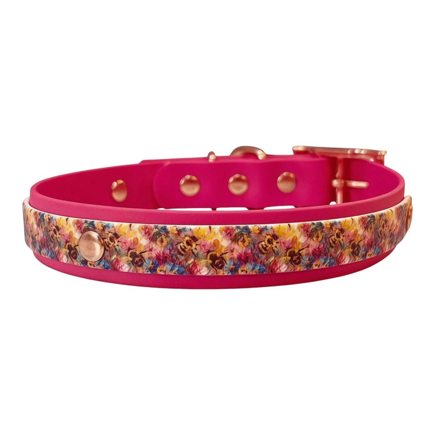 Watercolour Bees Hot Pink Printed Biothane Waterproof Dog Collar with Rose Gold Hardware