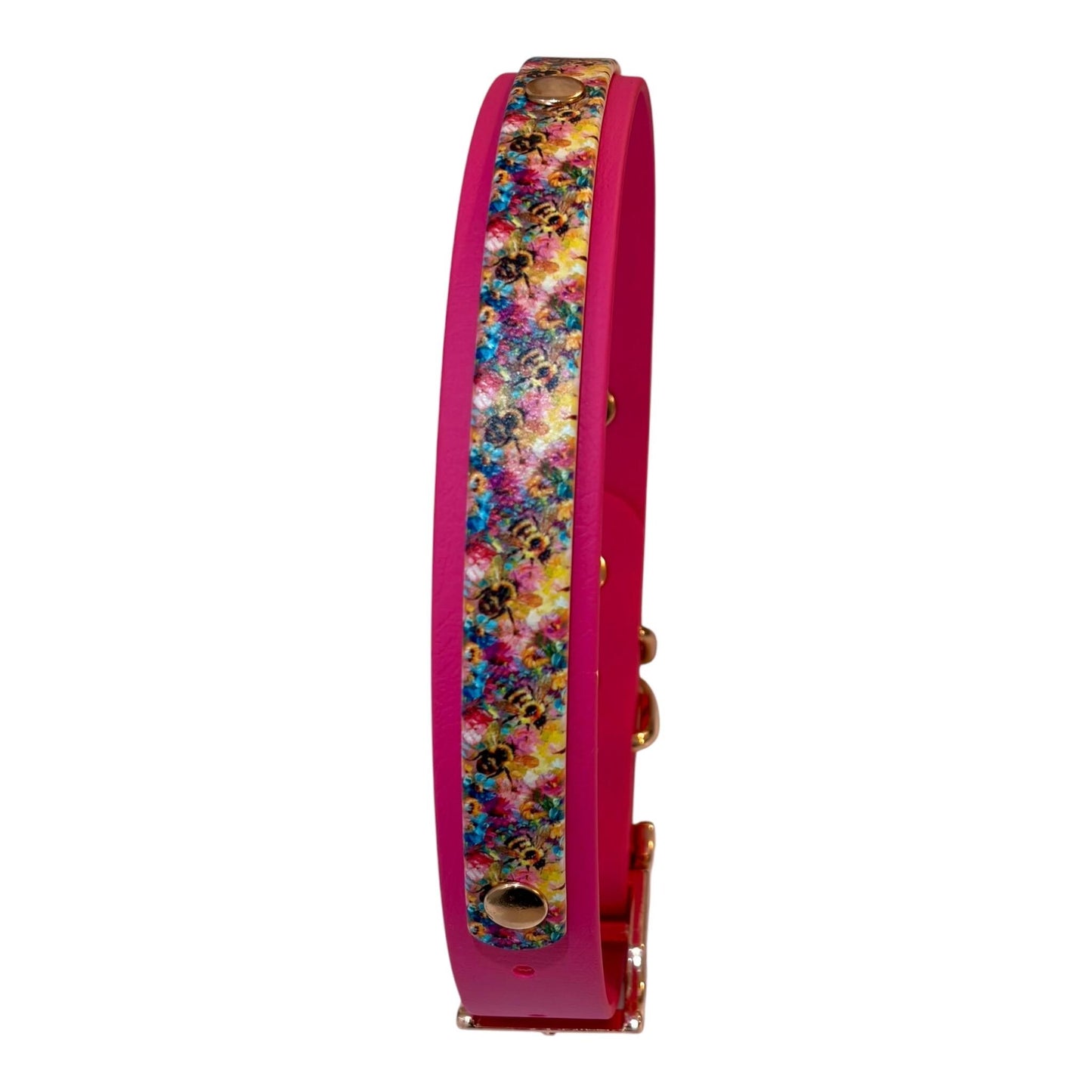 Watercolour Bees Hot Pink Printed Biothane Waterproof Dog Collar with Rose Gold Hardware