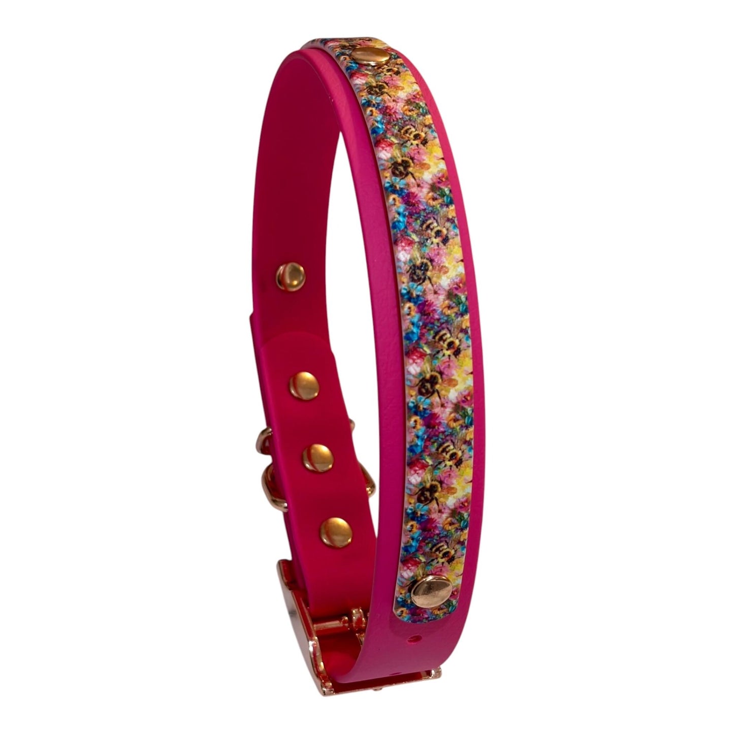 Watercolour Bees Hot Pink Printed Biothane Waterproof Dog Collar with Rose Gold Hardware