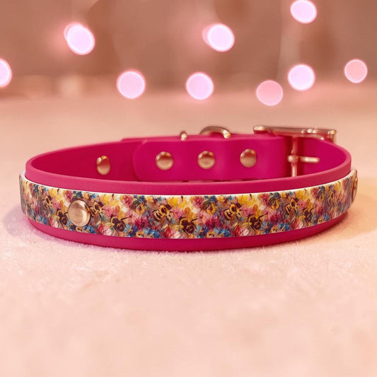Watercolour Bees Hot Pink Printed Biothane Waterproof Dog Collar with Rose Gold Hardware