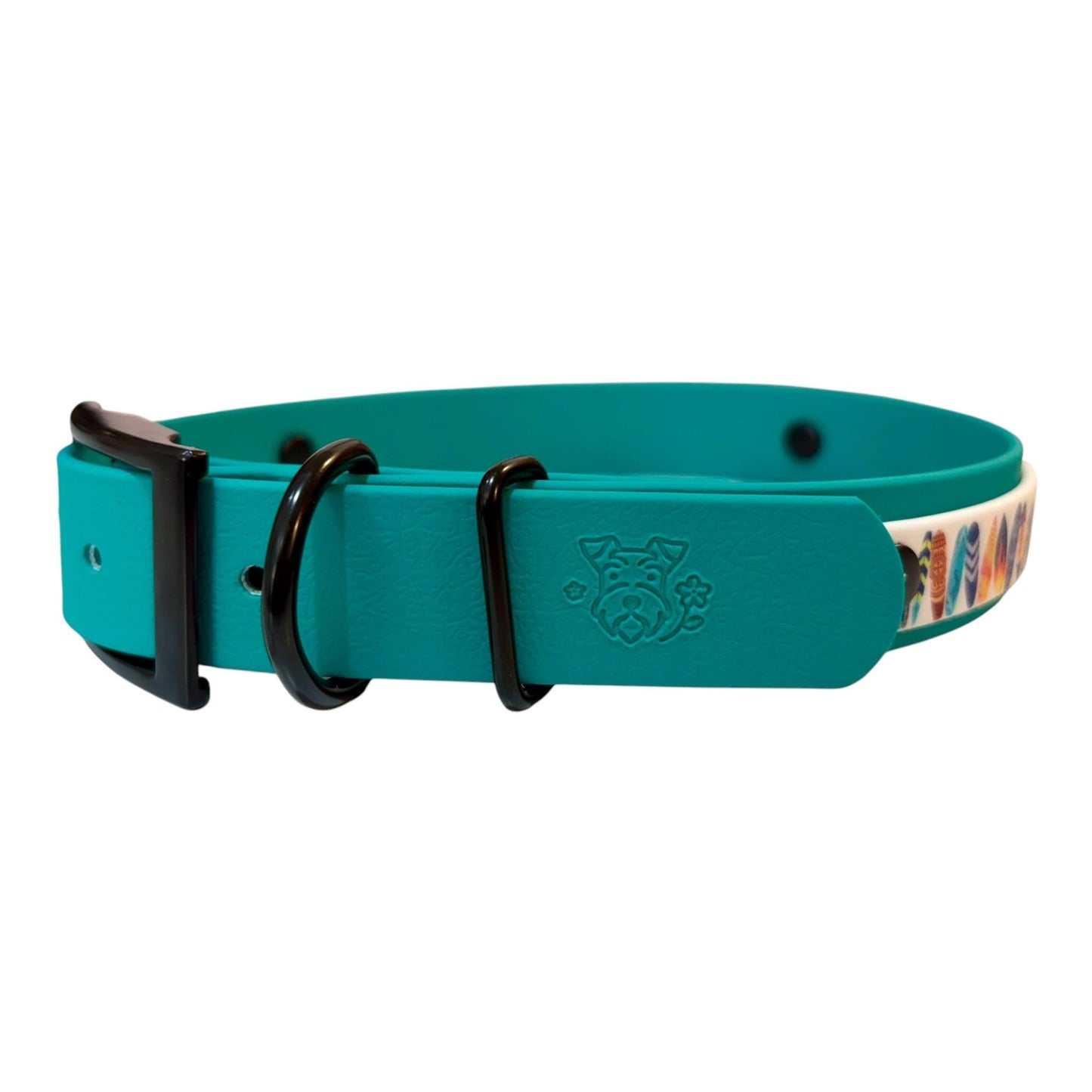 Waterproof Dog Collar Surf Board Printed Biothane Design with Turquoise Backing and Black Hardware