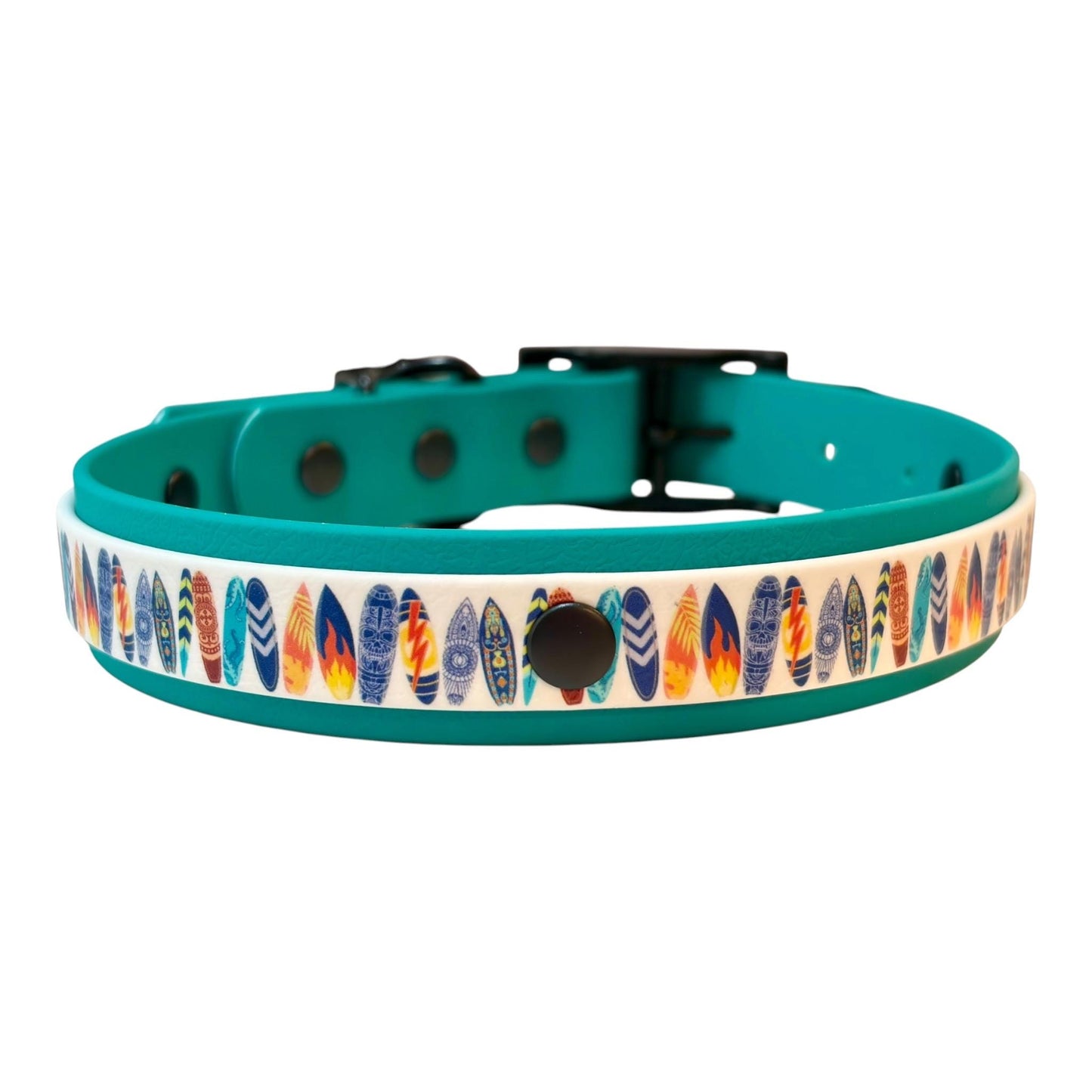 Waterproof Dog Collar Surf Board Printed Biothane Design with Turquoise Backing and Black Hardware