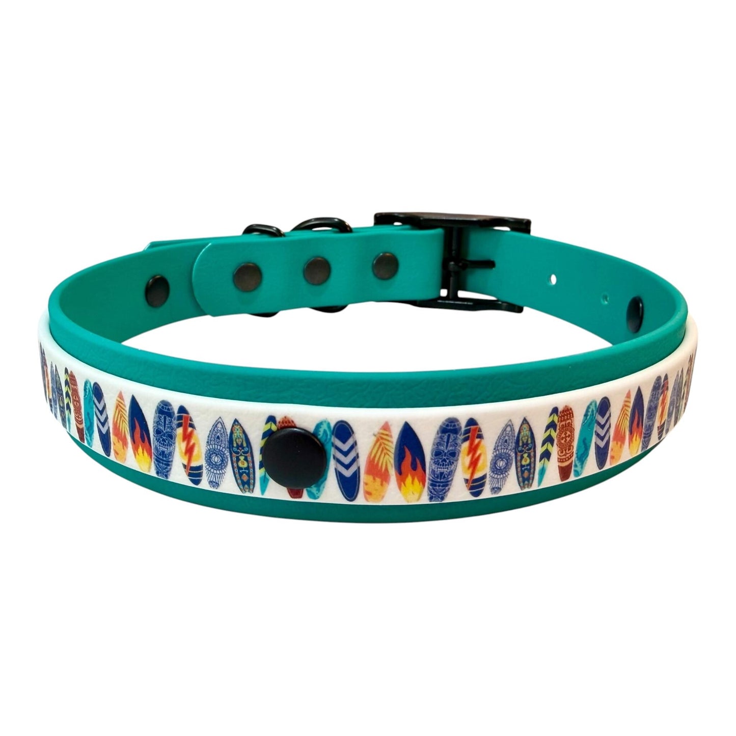 Waterproof Dog Collar Surf Board Printed Biothane Design with Turquoise Backing and Black Hardware
