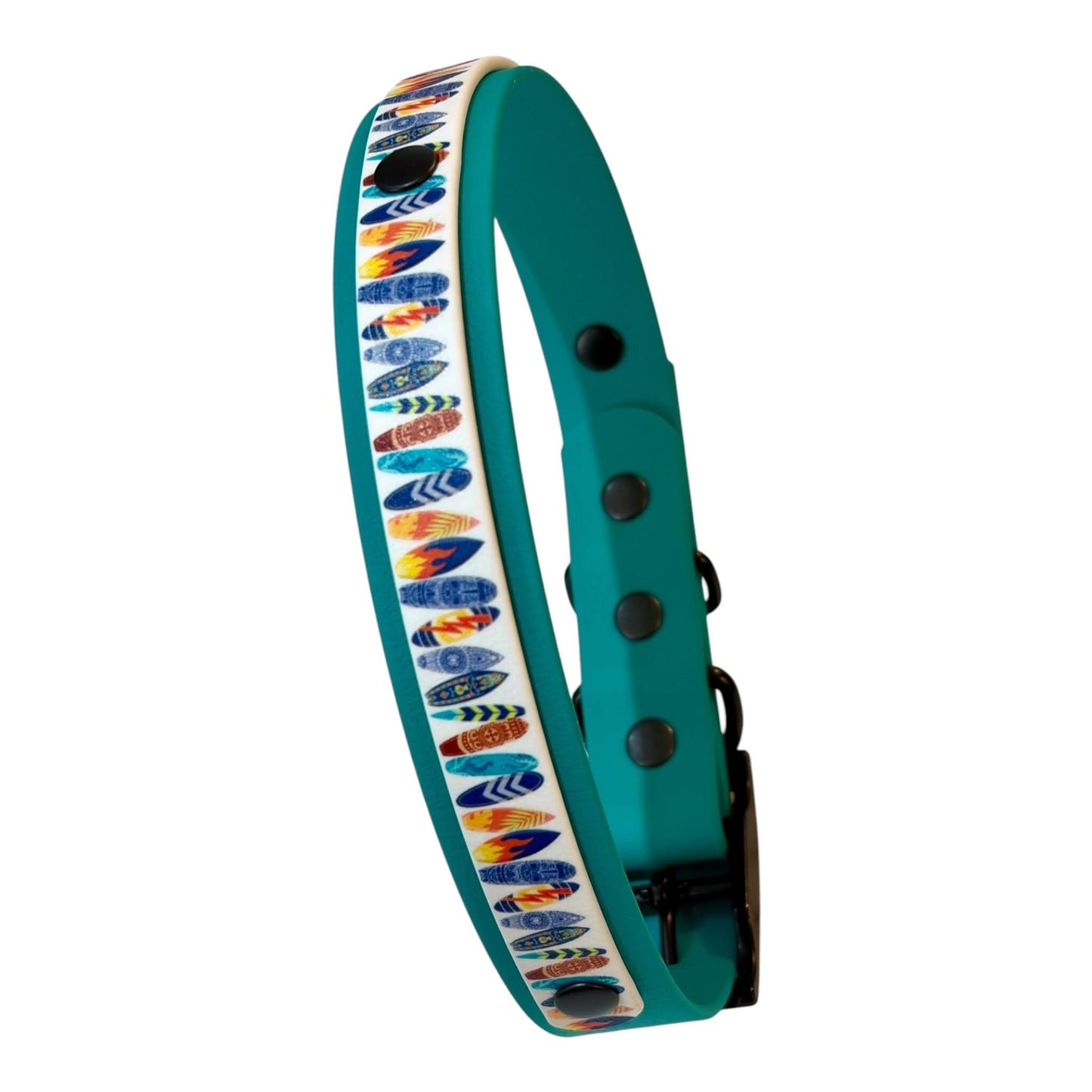 Waterproof Dog Collar Surf Board Printed Biothane Design with Turquoise Backing and Black Hardware
