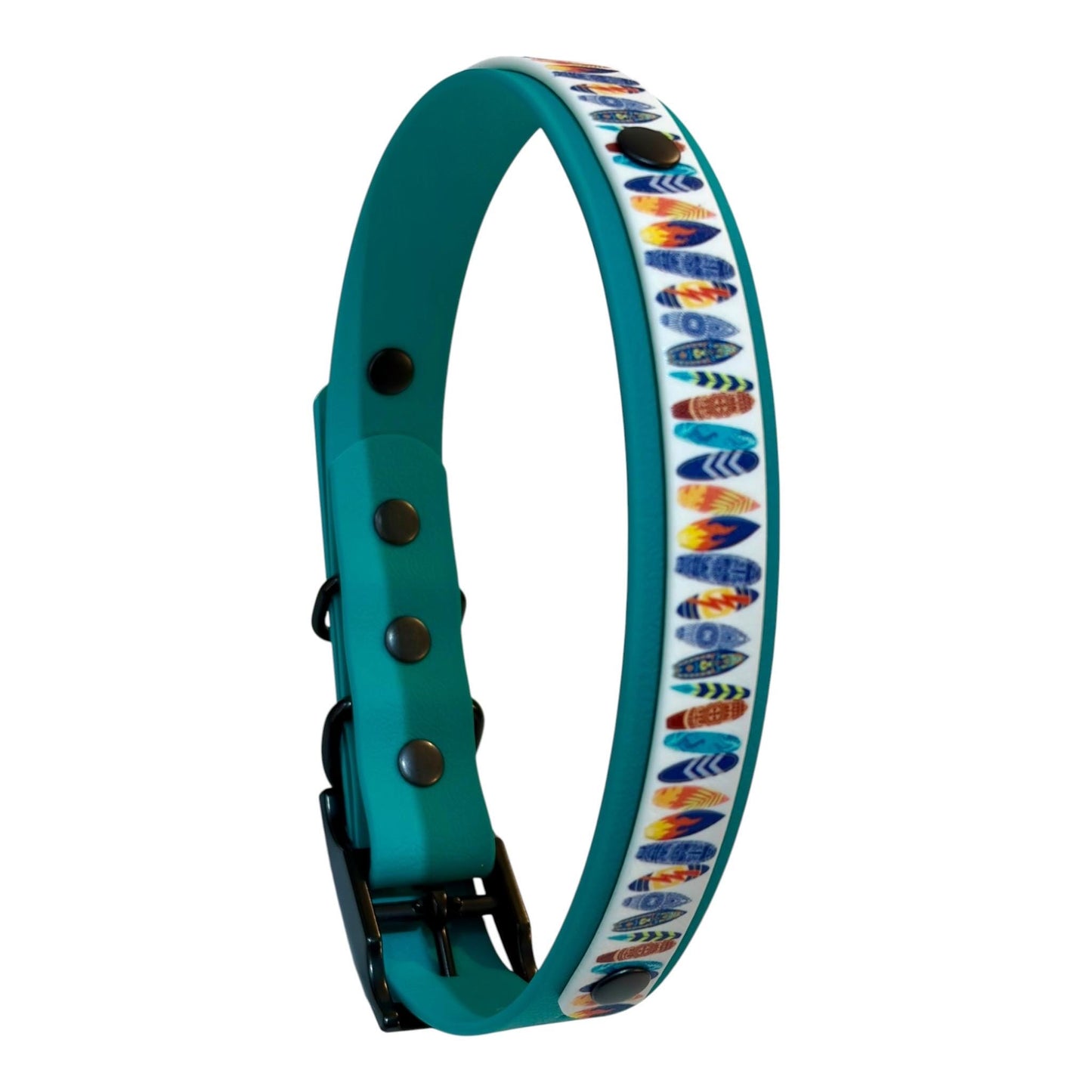 Waterproof Dog Collar Surf Board Printed Biothane Design with Turquoise Backing and Black Hardware