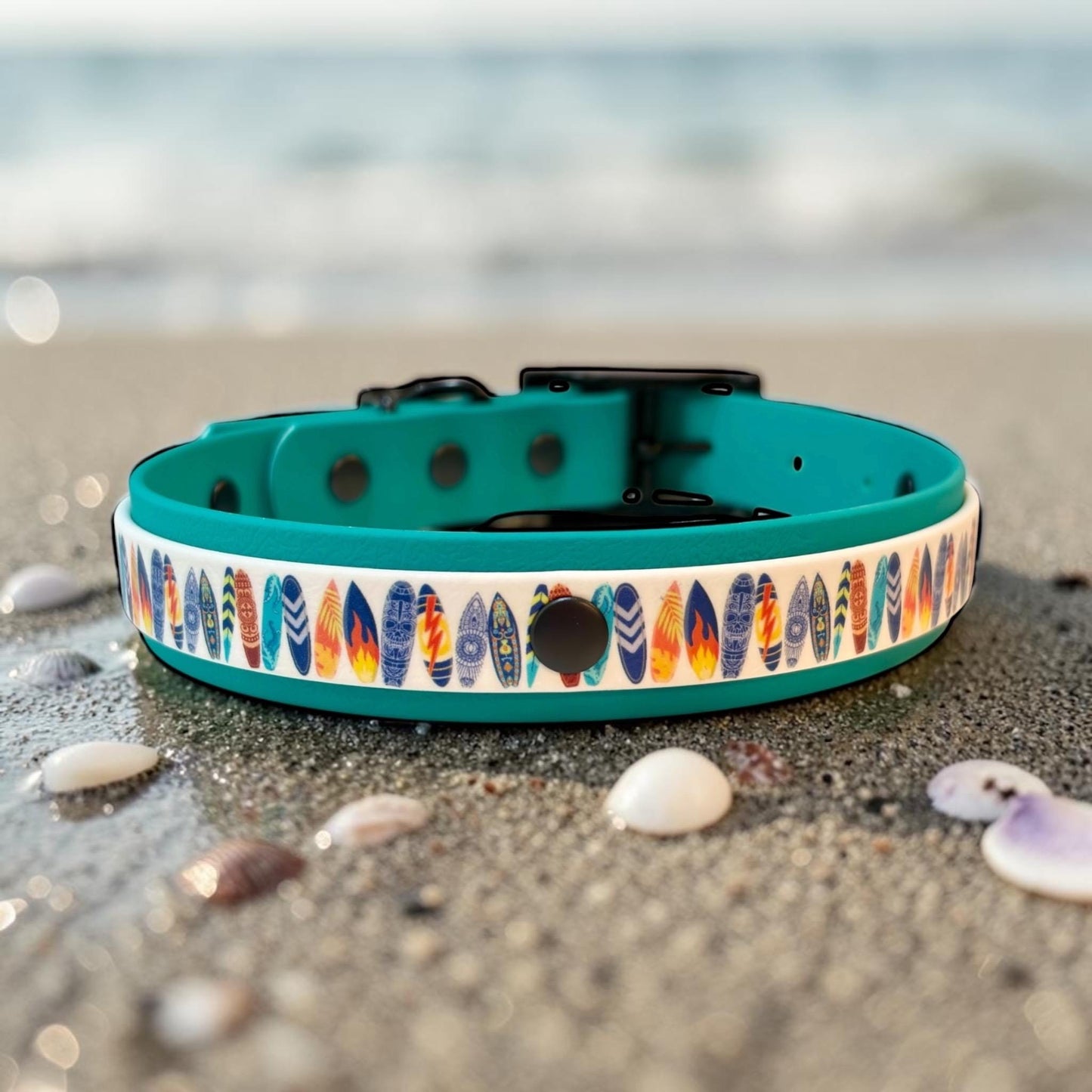 Waterproof Dog Collar Surf Board Printed Biothane Design with Turquoise Backing and Black Hardware