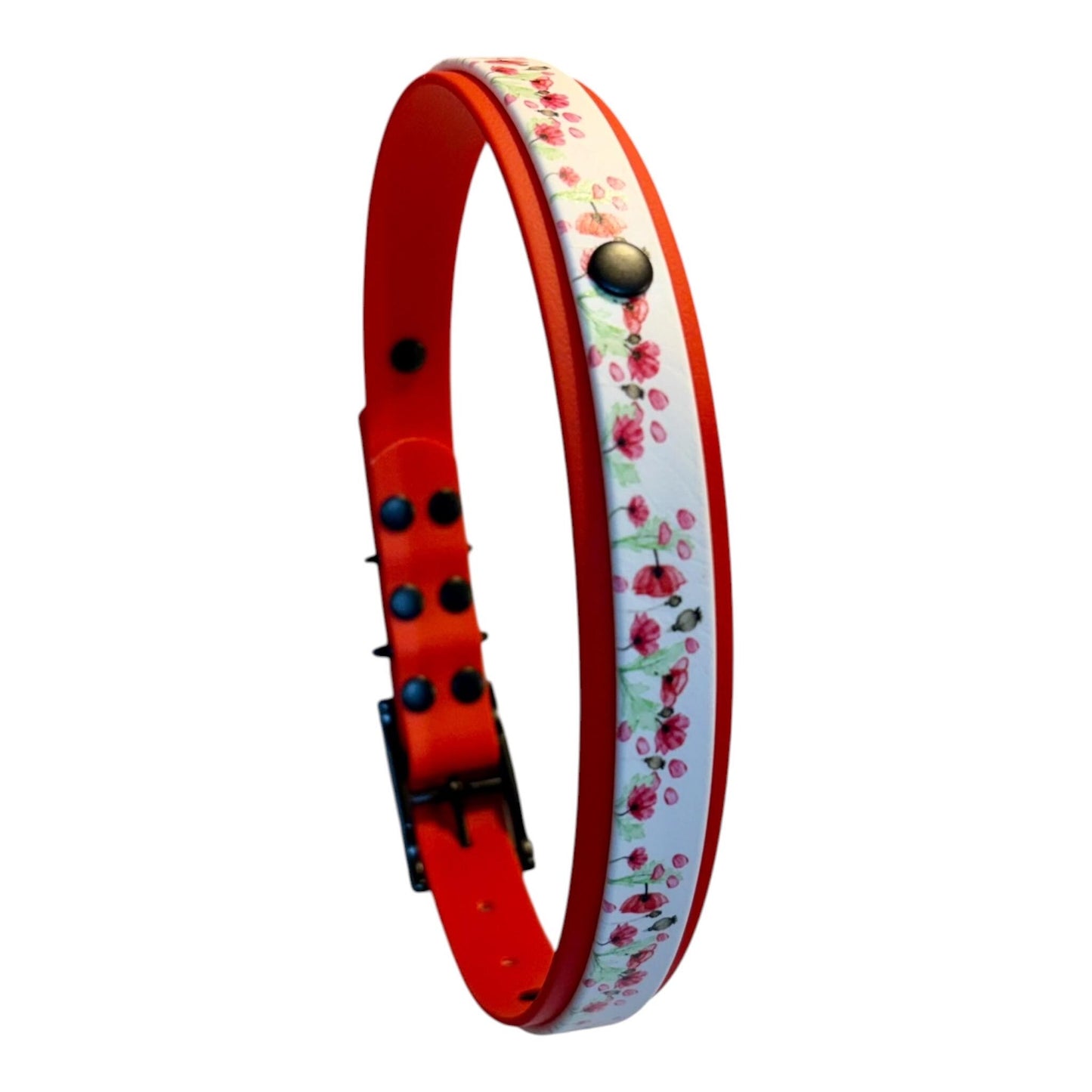 Biothane Waterproof Poppy Print Dog Collar with Red Backing and Black Hardware