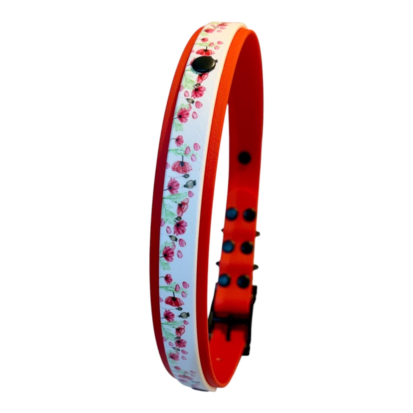 Biothane Waterproof Poppy Print Dog Collar with Red Backing and Black Hardware
