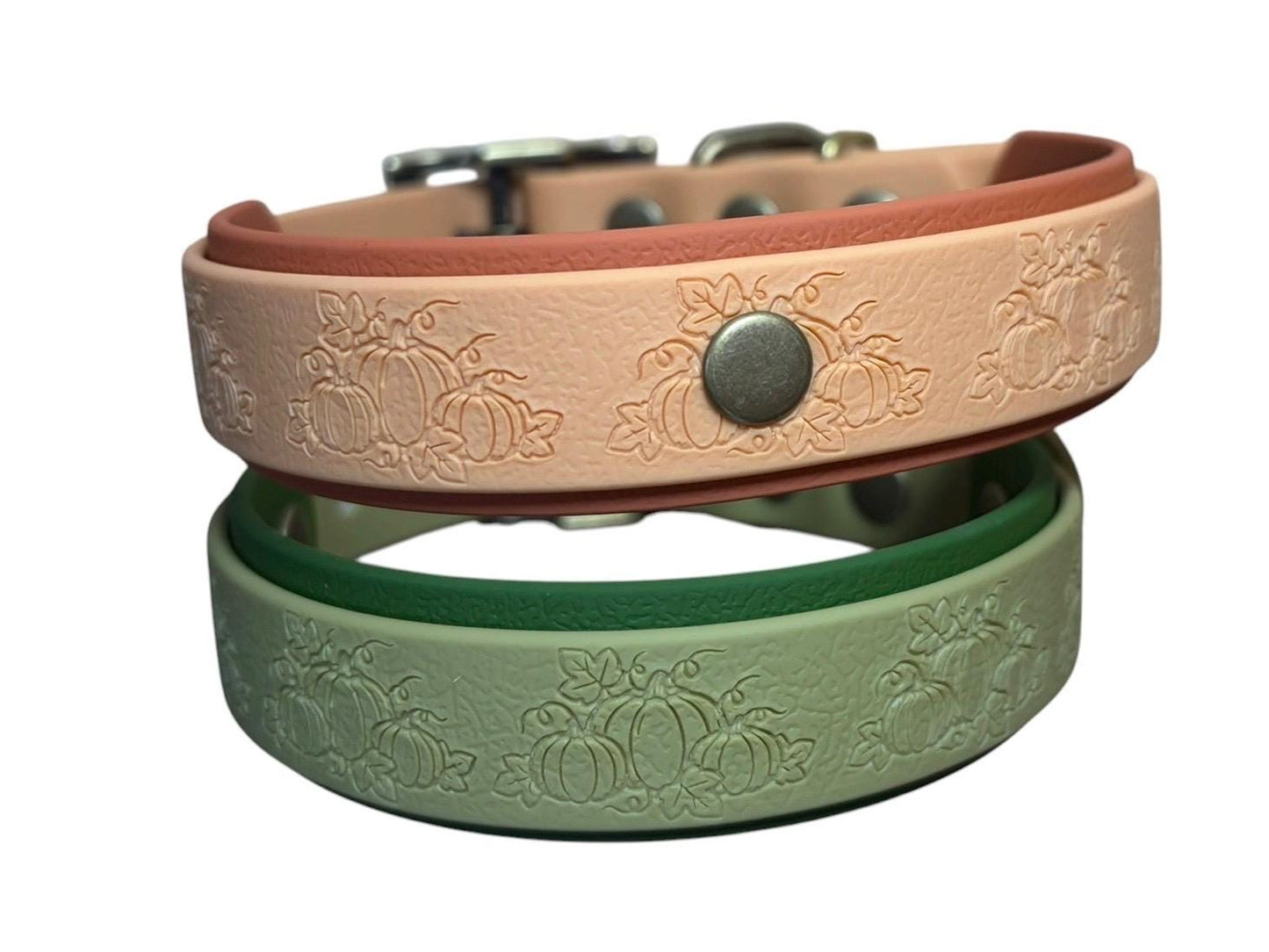 Embossed Pumpkin Dog Collar, Waterproof Fall Autumn Webbing, Antique Brass Hardware