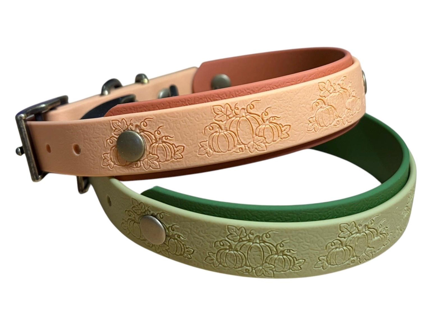 Embossed Pumpkin Dog Collar, Waterproof Fall Autumn Webbing, Antique Brass Hardware