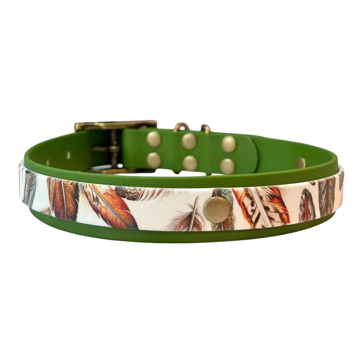 Feathers UV Printed Biothane Dog Collar: Waterproof with Antique Brass Hardware