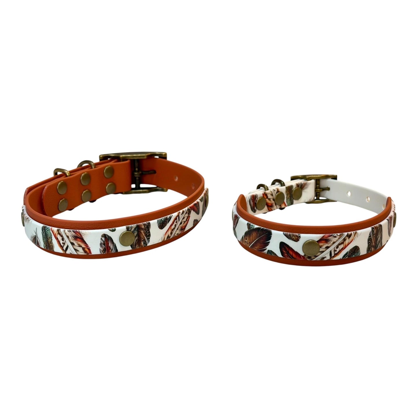 Feathers UV Printed Biothane Dog Collar: Waterproof with Antique Brass Hardware