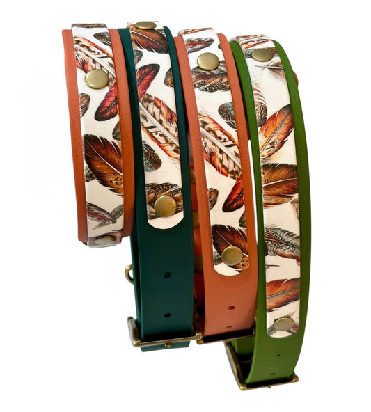 Feathers UV Printed Biothane Dog Collar: Waterproof with Antique Brass Hardware