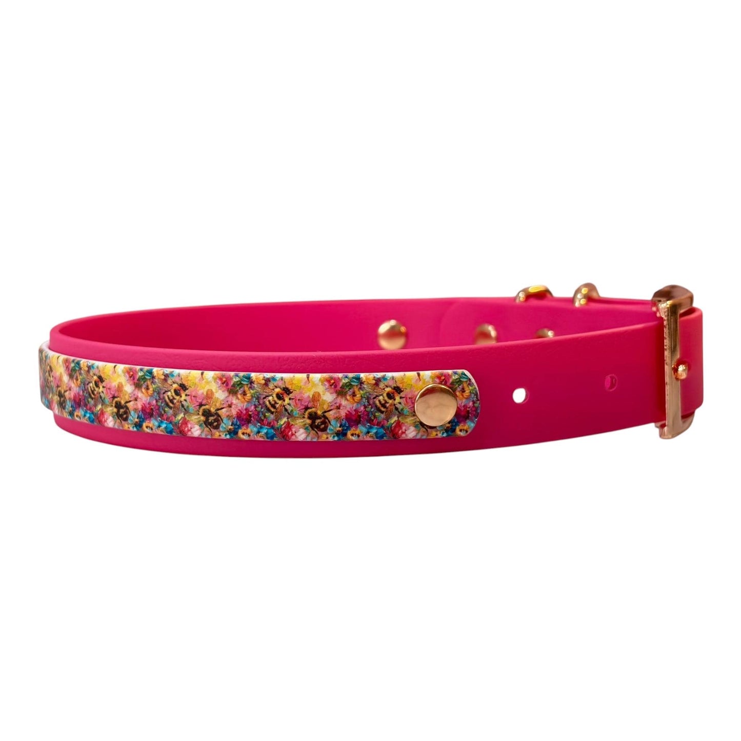 Watercolour Bees Hot Pink Printed Biothane Waterproof Dog Collar with Rose Gold Hardware
