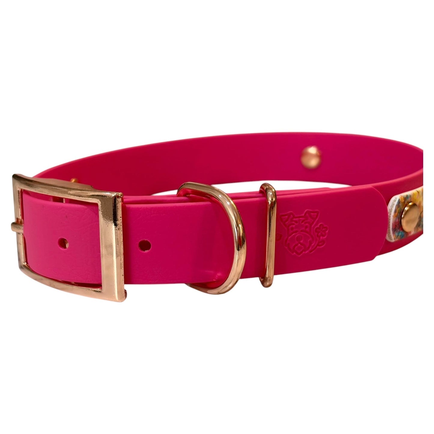 Watercolour Bees Hot Pink Printed Biothane Waterproof Dog Collar with Rose Gold Hardware