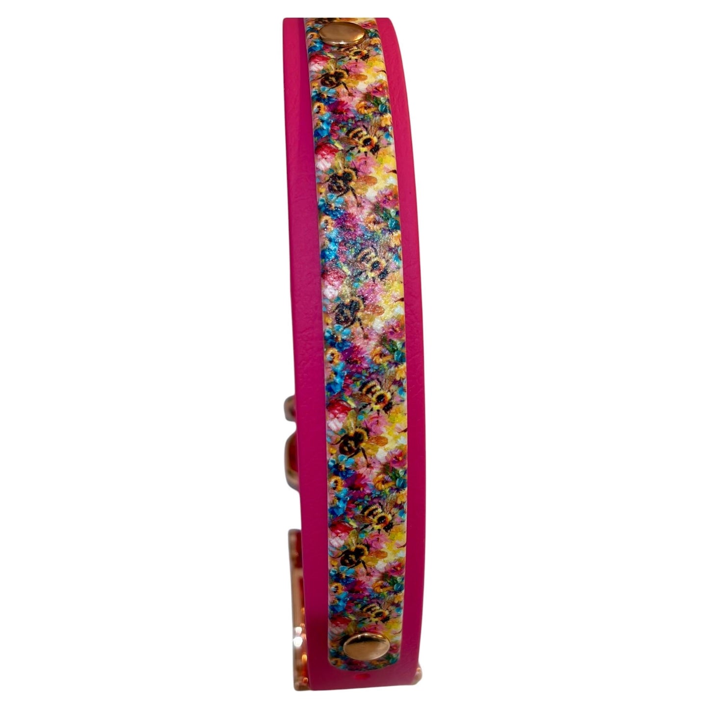Watercolour Bees Hot Pink Printed Biothane Waterproof Dog Collar with Rose Gold Hardware