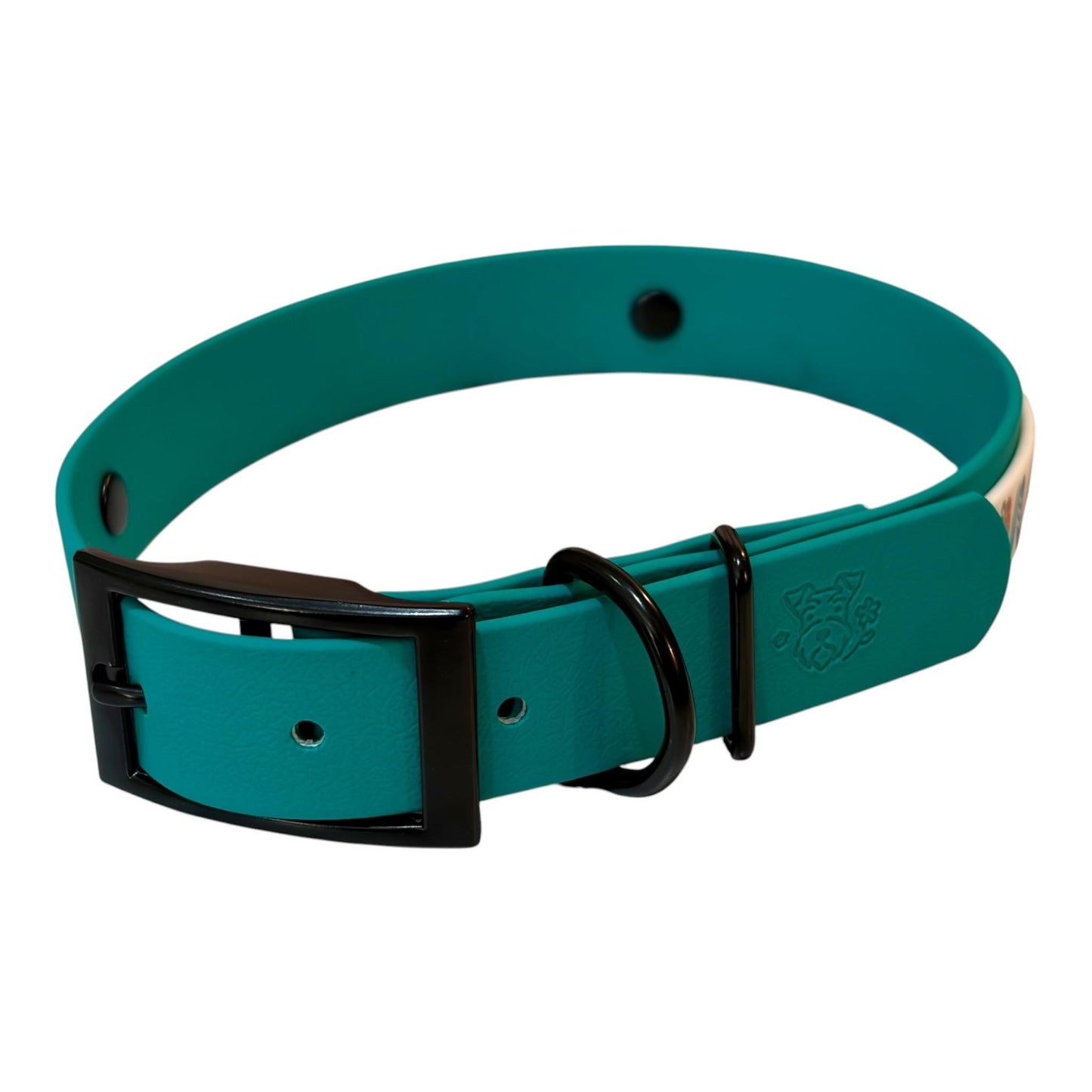 Waterproof Dog Collar Surf Board Printed Biothane Design with Turquoise Backing and Black Hardware