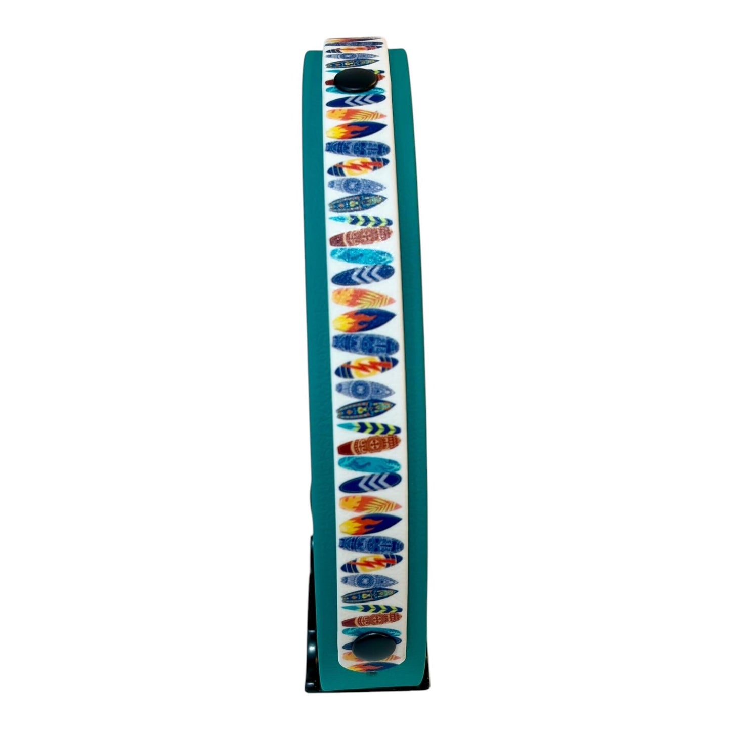 Waterproof Dog Collar Surf Board Printed Biothane Design with Turquoise Backing and Black Hardware