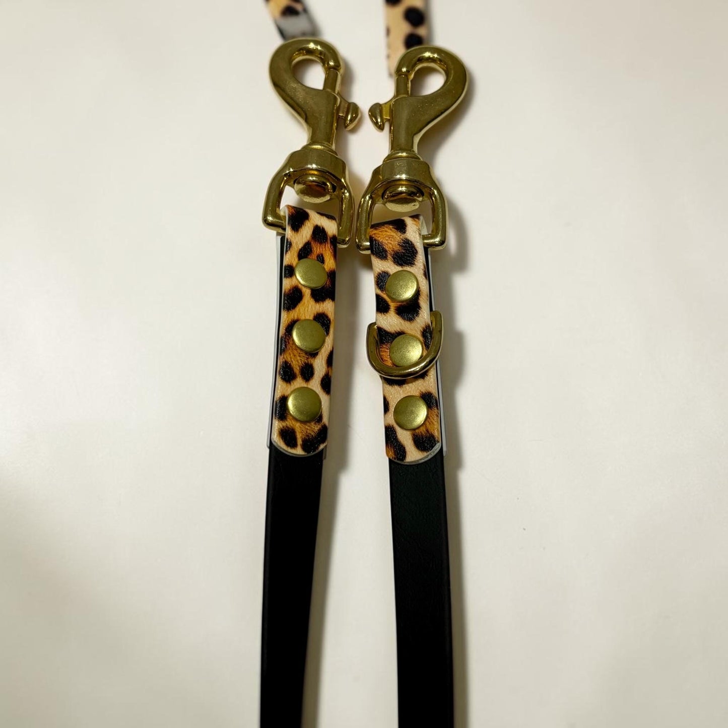 Black and Leopard Print Biothane Multiway Training Lead: Double Ended Adjustable Hands-Free Dog Leash