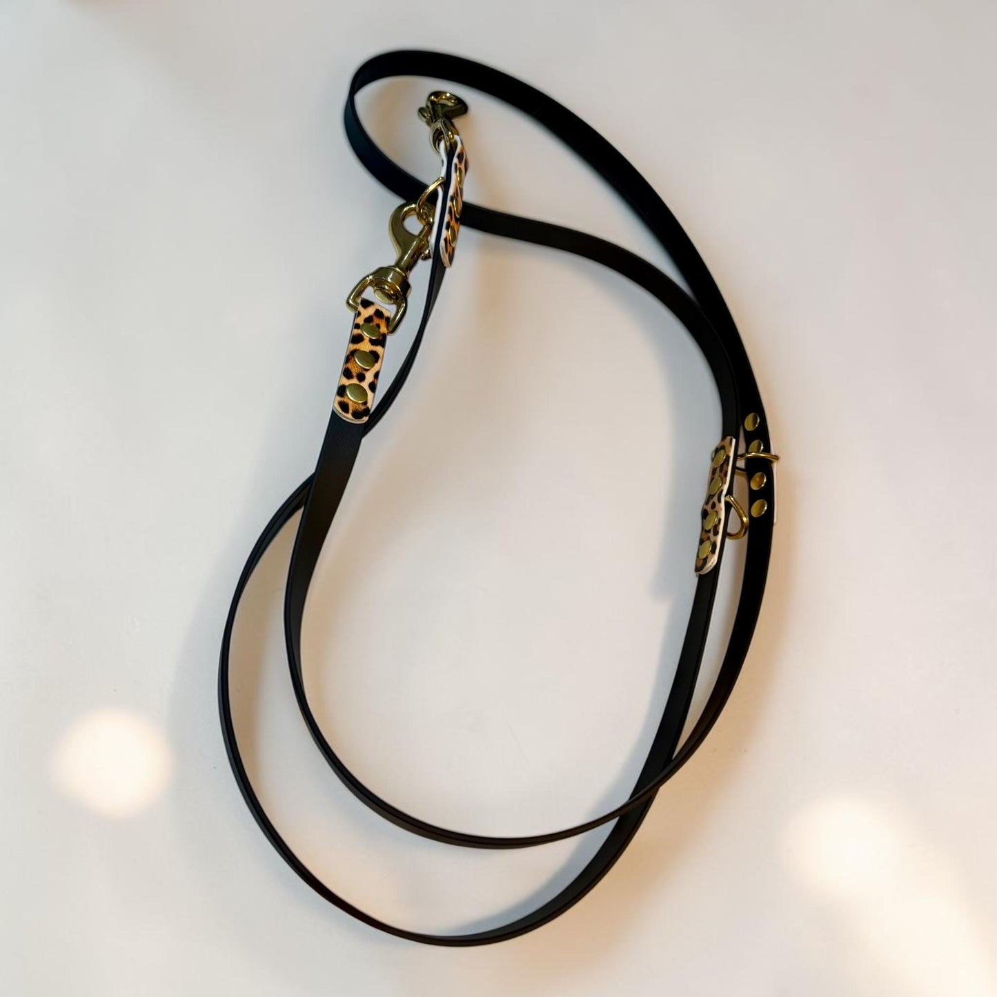 Black and Leopard Print Biothane Multiway Training Lead: Double Ended Adjustable Hands-Free Dog Leash