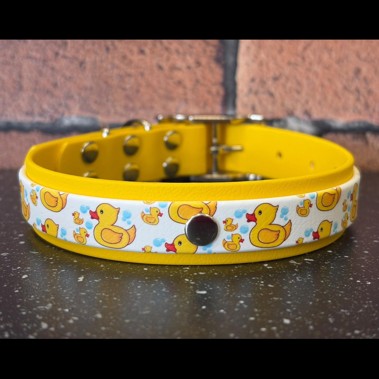 Waterproof Dog Collar Rubber Ducky Printed Biothane with Choice of Backing Colour and Silver Hardware