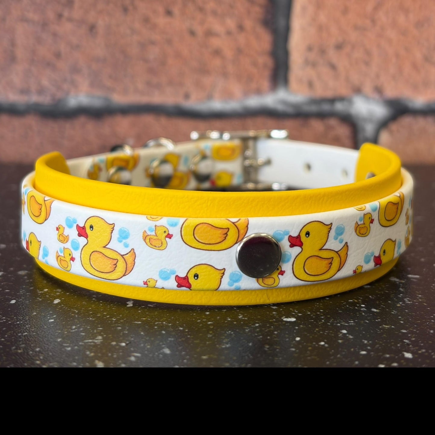 Waterproof Dog Collar Rubber Ducky Printed Biothane with Choice of Backing Colour and Silver Hardware