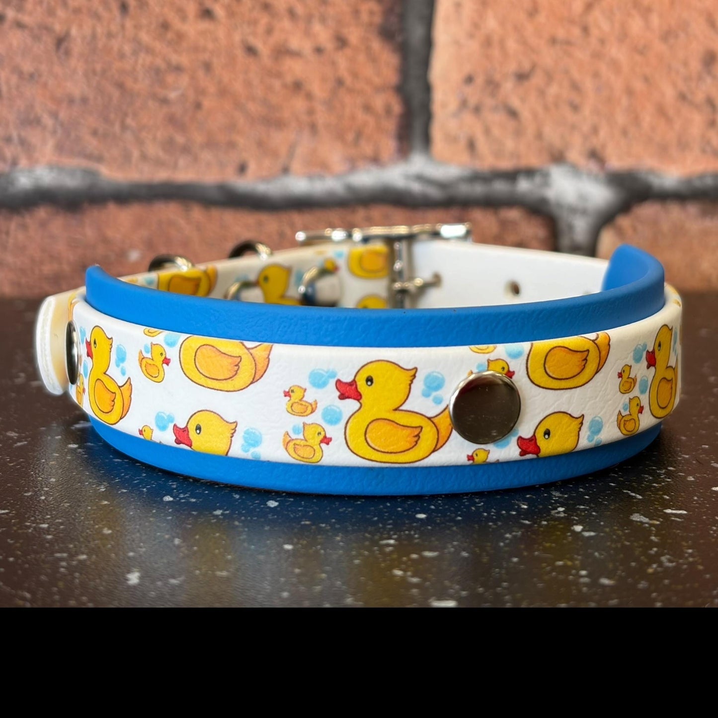 Waterproof Dog Collar Rubber Ducky Printed Biothane with Choice of Backing Colour and Silver Hardware