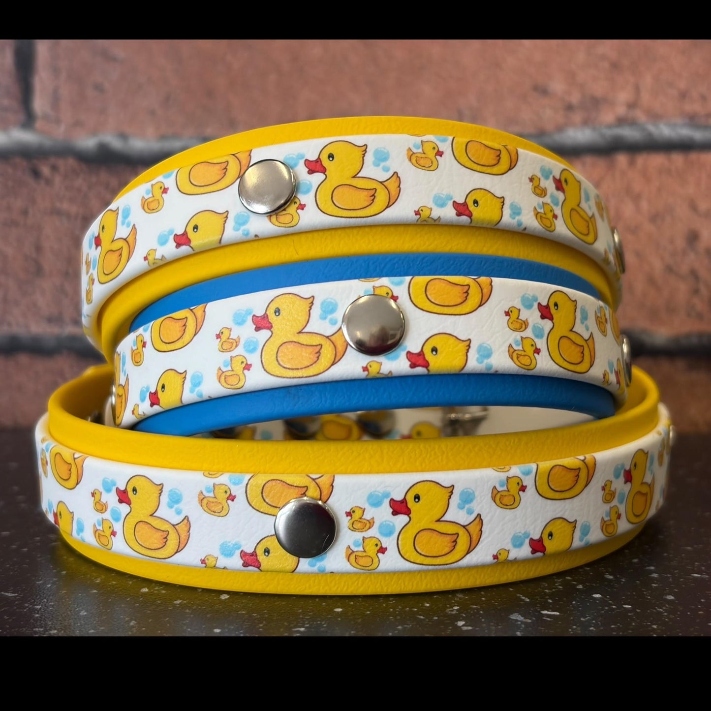 Waterproof Dog Collar Rubber Ducky Printed Biothane with Choice of Backing Colour and Silver Hardware