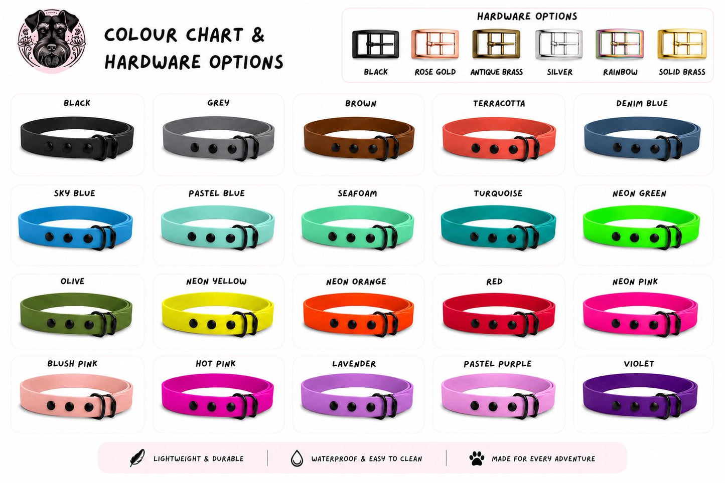 Waterproof Dog Collar - Choose Your Colour and Hardware