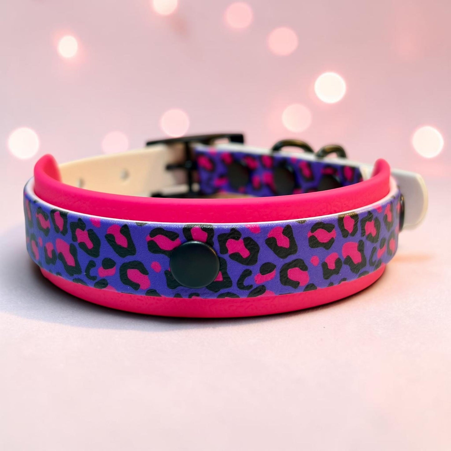 Biothane Waterproof Dog Collar Pink and Purple Leopard Print Design with Black Hardware