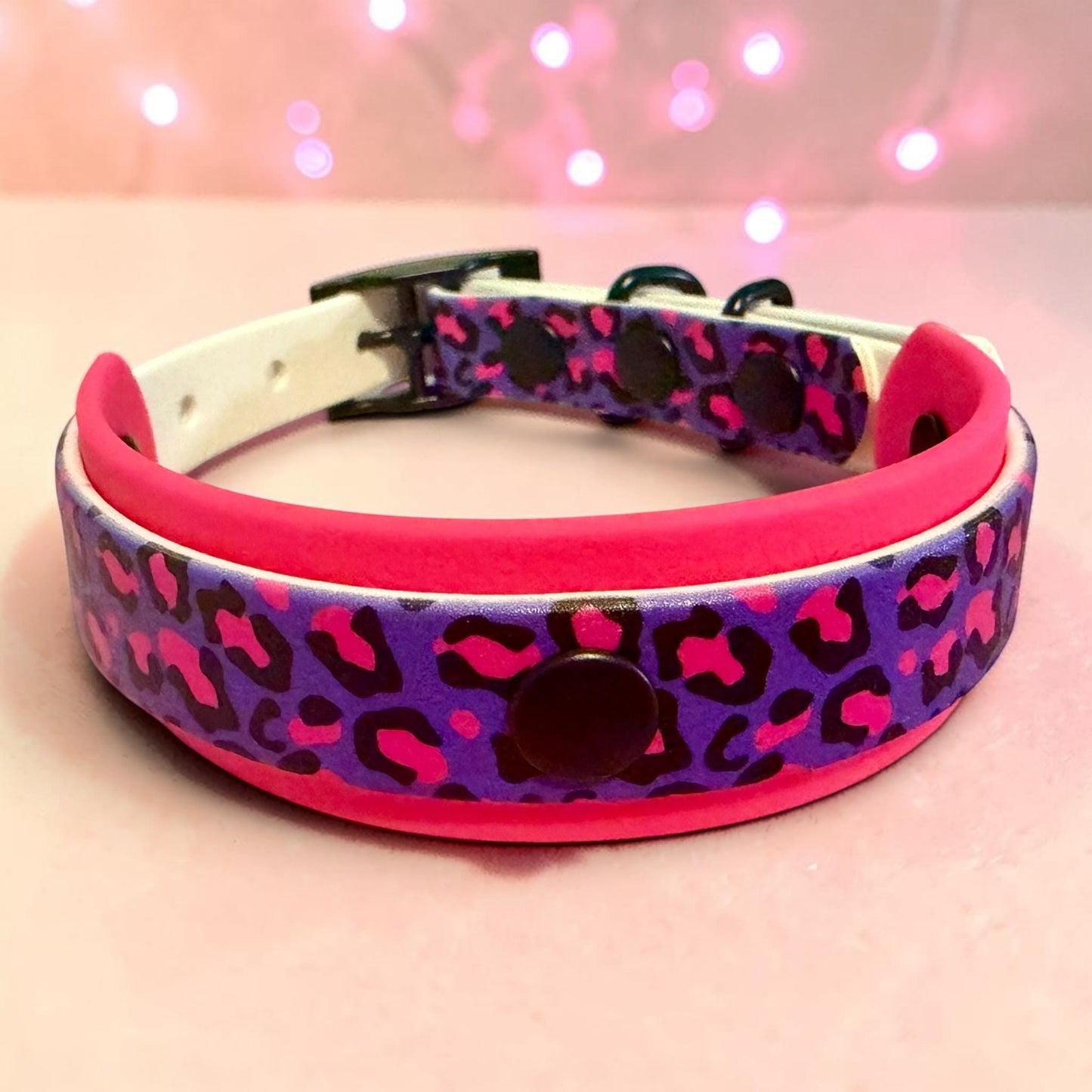 Biothane Waterproof Dog Collar Pink and Purple Leopard Print Design with Black Hardware
