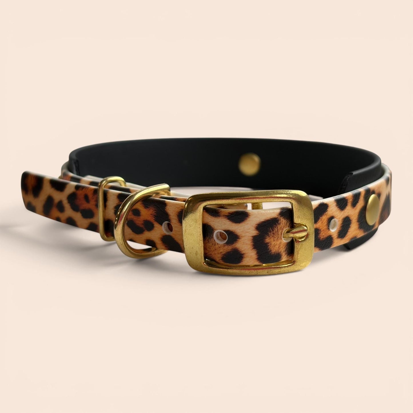 Biothane Waterproof Dog Collar Leopard Print Design with Solid Brass Gold Hardware