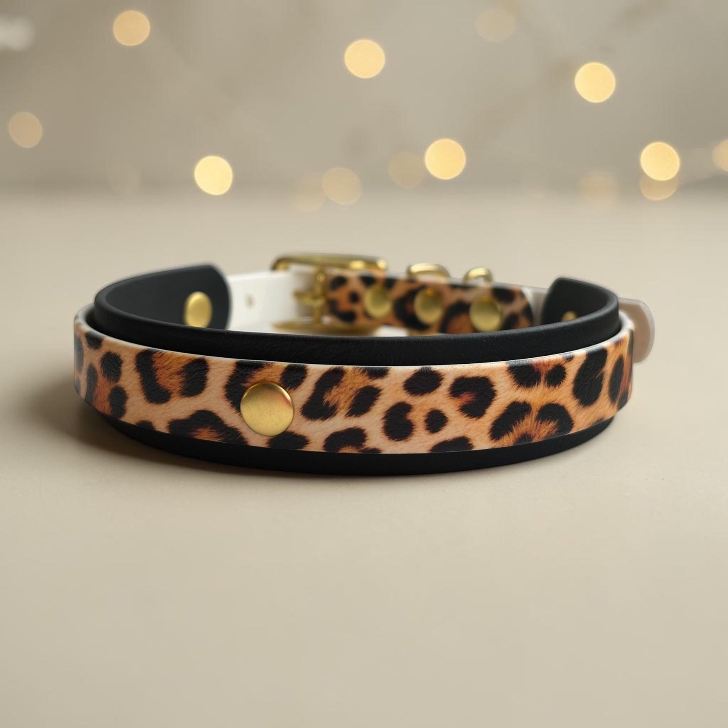 Biothane Waterproof Dog Collar Leopard Print Design with Solid Brass Gold Hardware