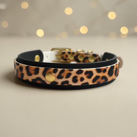 Biothane Waterproof Dog Collar Leopard Print Design with Solid Brass Gold Hardware