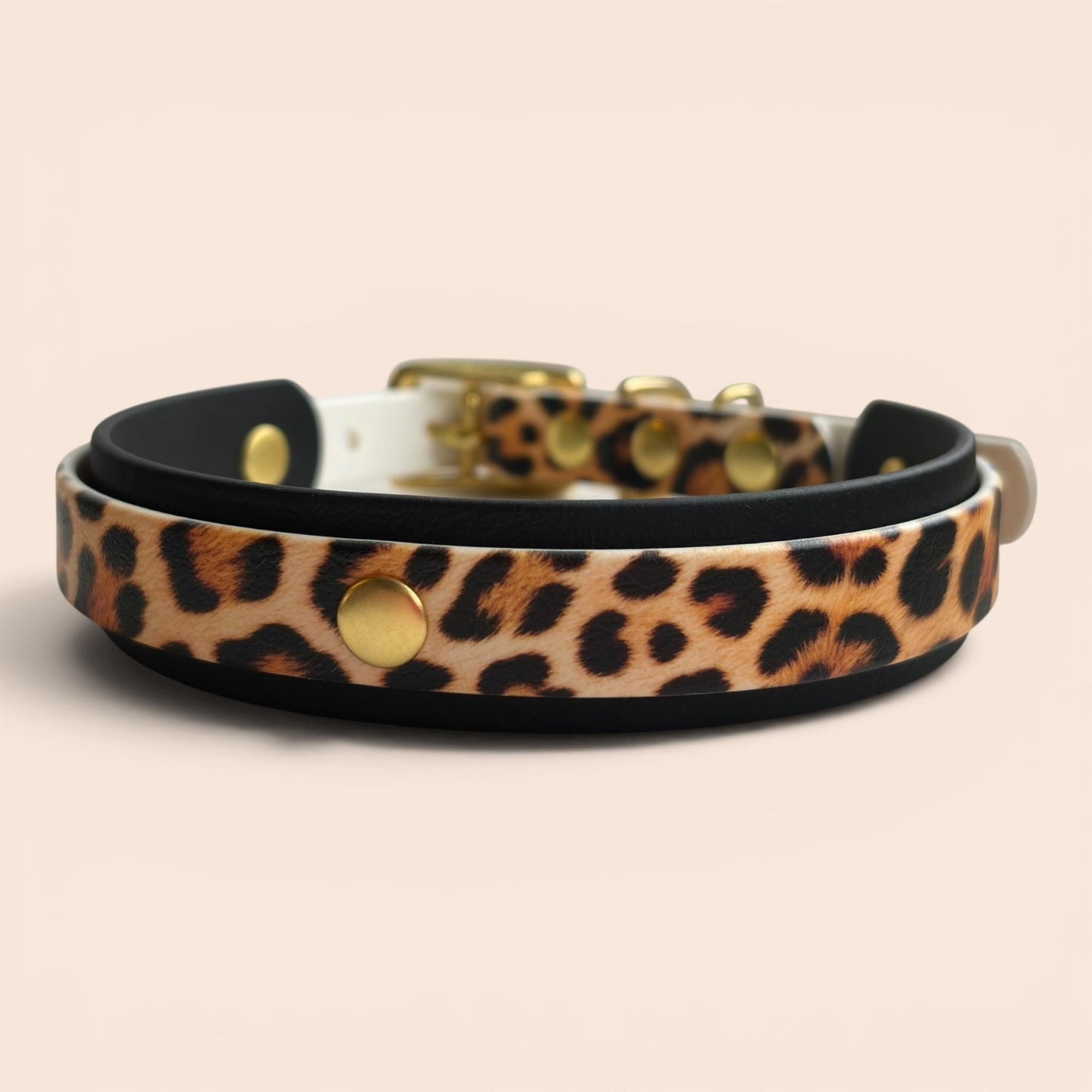 Biothane Waterproof Dog Collar Leopard Print Design with Solid Brass Gold Hardware