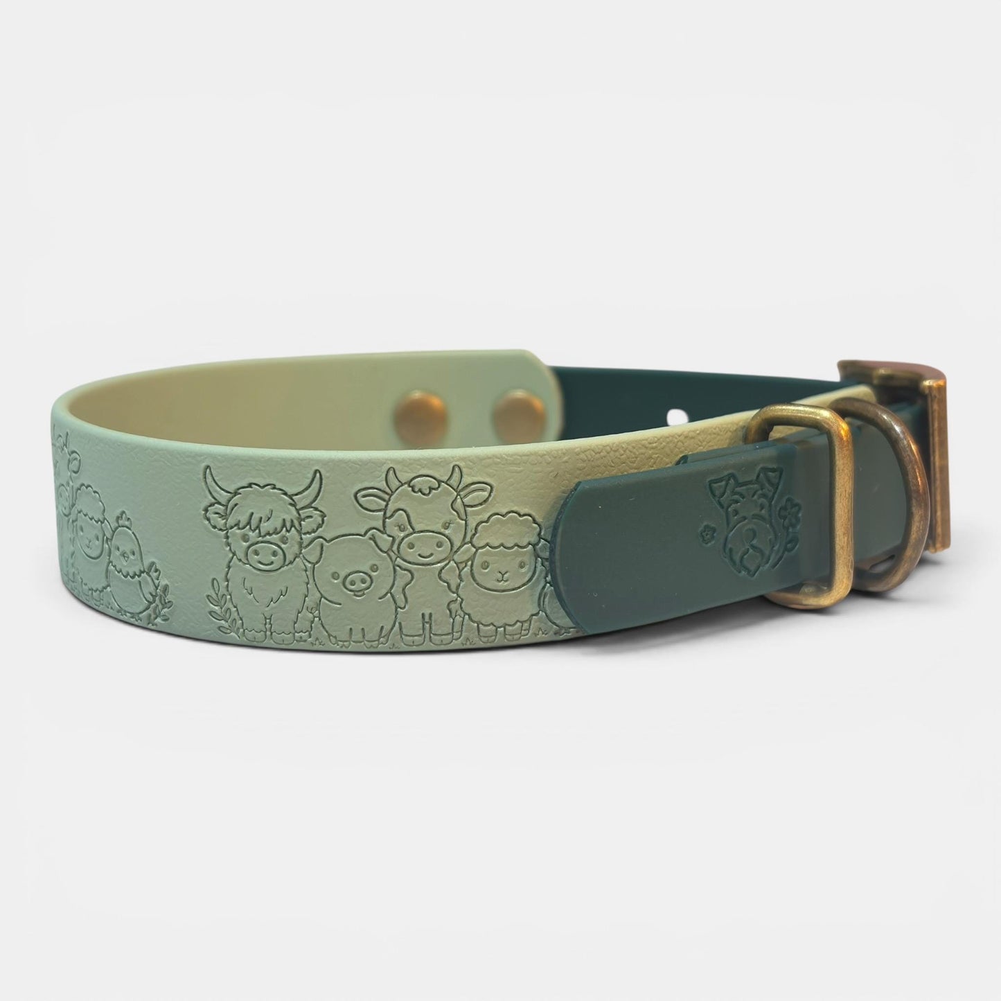 Embossed Farmyard Friends Dog Collar, Waterproof Biothane, Antique Brass Hardware