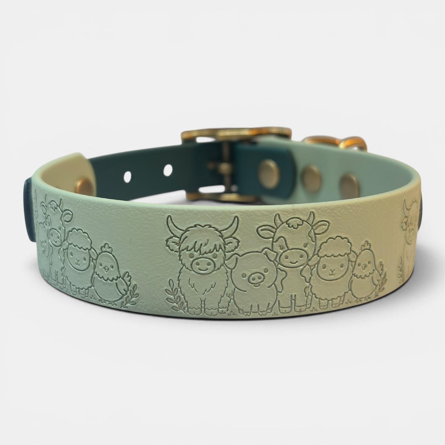 Embossed Farmyard Friends Dog Collar, Waterproof Biothane, Antique Brass Hardware