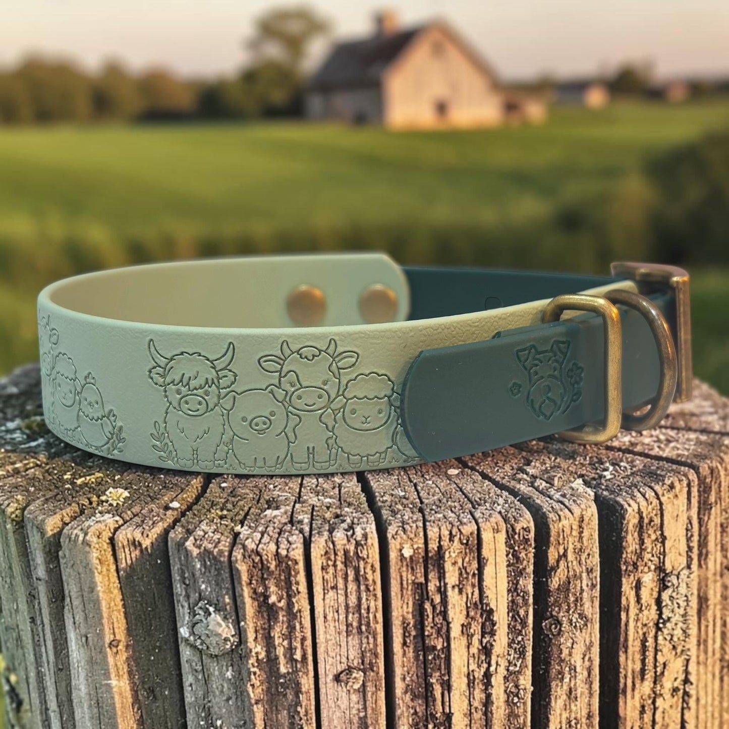 Embossed Farmyard Friends Dog Collar, Waterproof Biothane, Antique Brass Hardware