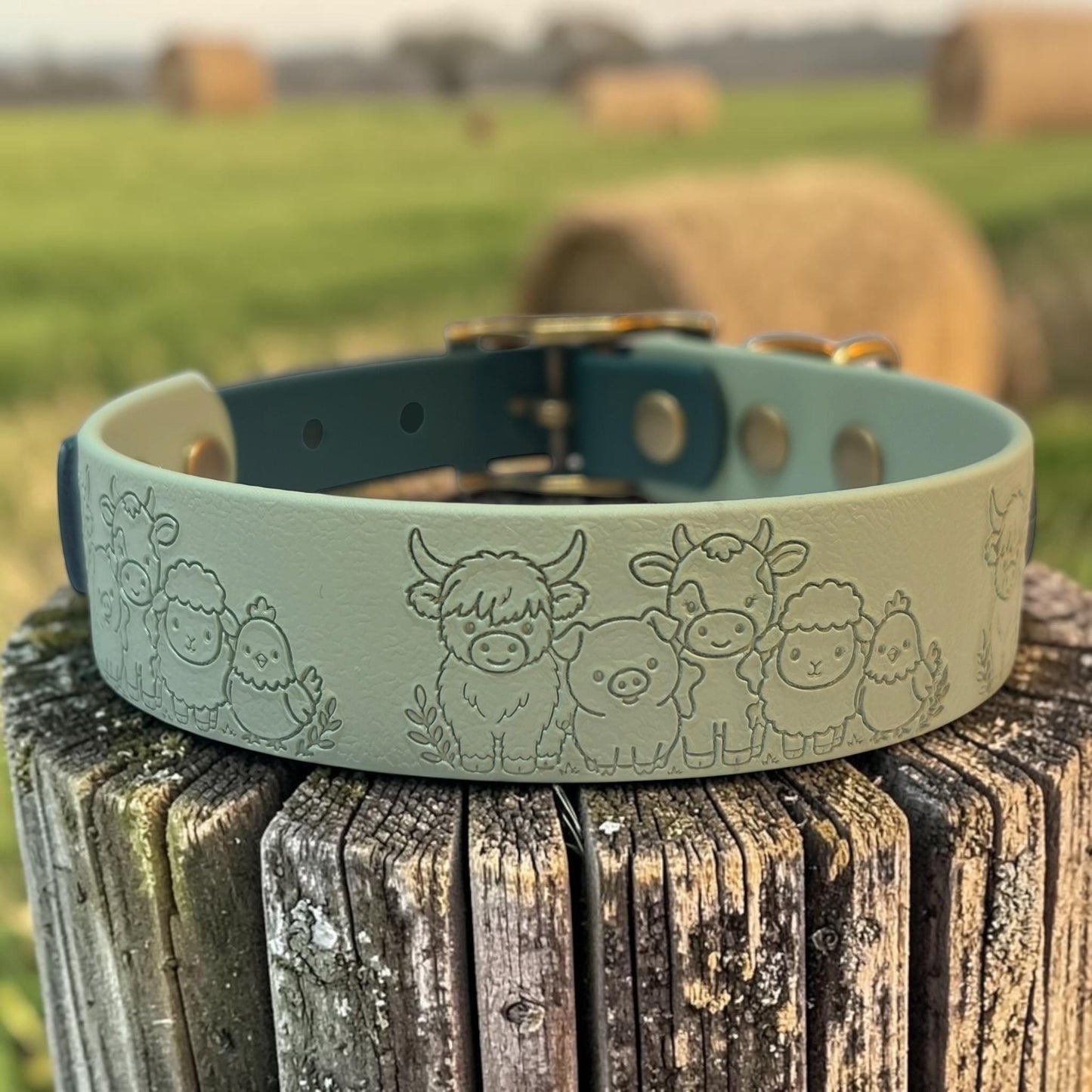 Embossed Farmyard Friends Dog Collar, Waterproof Biothane, Antique Brass Hardware